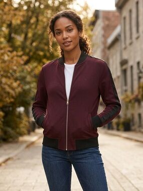 Ralph Lauren Women's Burgundy Bomber Jacket with Black Accents